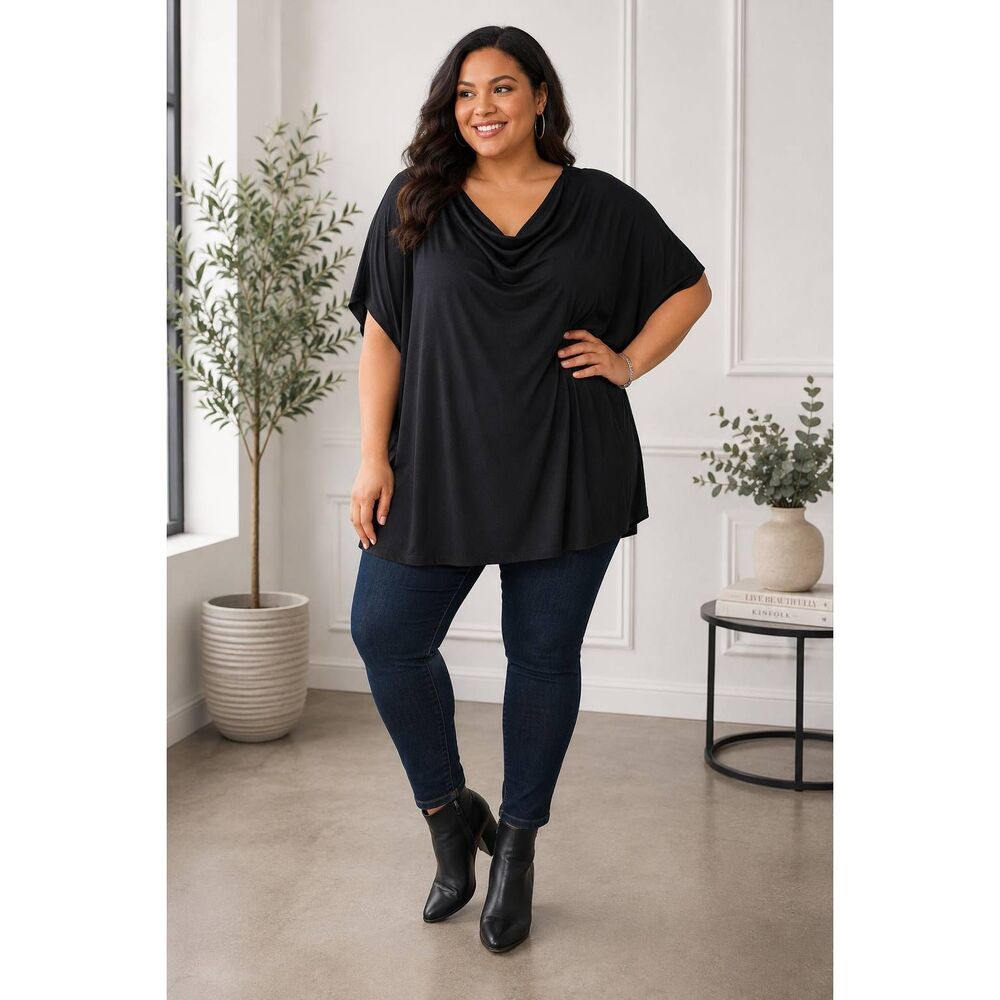 Lane Bryant Cowl Neck Tunic Top Womens 34/36 Black Draped Plus Size NWT